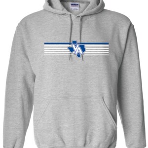 May include: A gray hooded sweatshirt with a blue and white Texas-shaped graphic with the letters "VA" inside. The graphic is on a white stripe with other white stripes above and below it.
