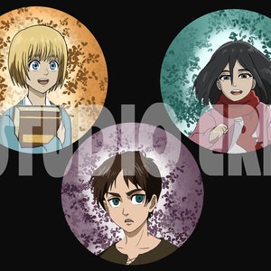 Eren, Mikasa and Armin 2.25 Pin Back Buttons with FREE STICKER