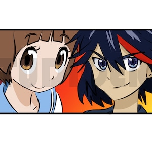 May include: A close-up of two anime characters, one with brown hair and blue eyes, and the other with black hair and purple eyes. The characters are looking at each other with a serious expression.