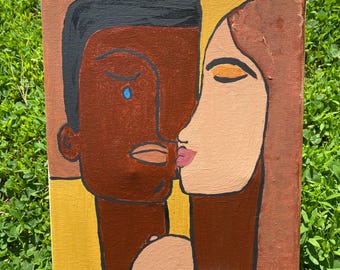 Handmade Cubism Couple Painting, Original Acrylic Art, 8x11 Canvas