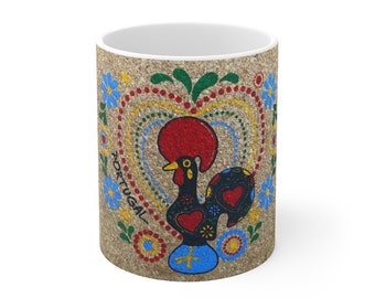 White Ceramic Mug / Galo de Barcelos / Cork print / Coffee / Mom Gift