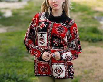 Rare Ethnic Sweater For Ladies, Vintage Sweater Ethnic Clothing, Rustic Embroidered Top, Acrylic Traditional Woven Cozy Sweater | L Size