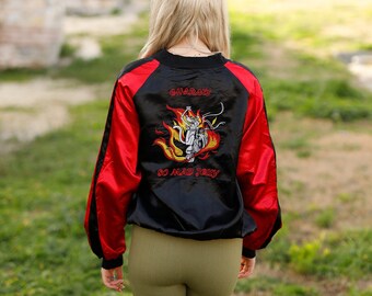 Pink Panther Satin Bomber Jacket | Red Japanese Souvenir Jacket  Coat | Womens Vintage Embroidered Clothing | S-M Size | High Quality