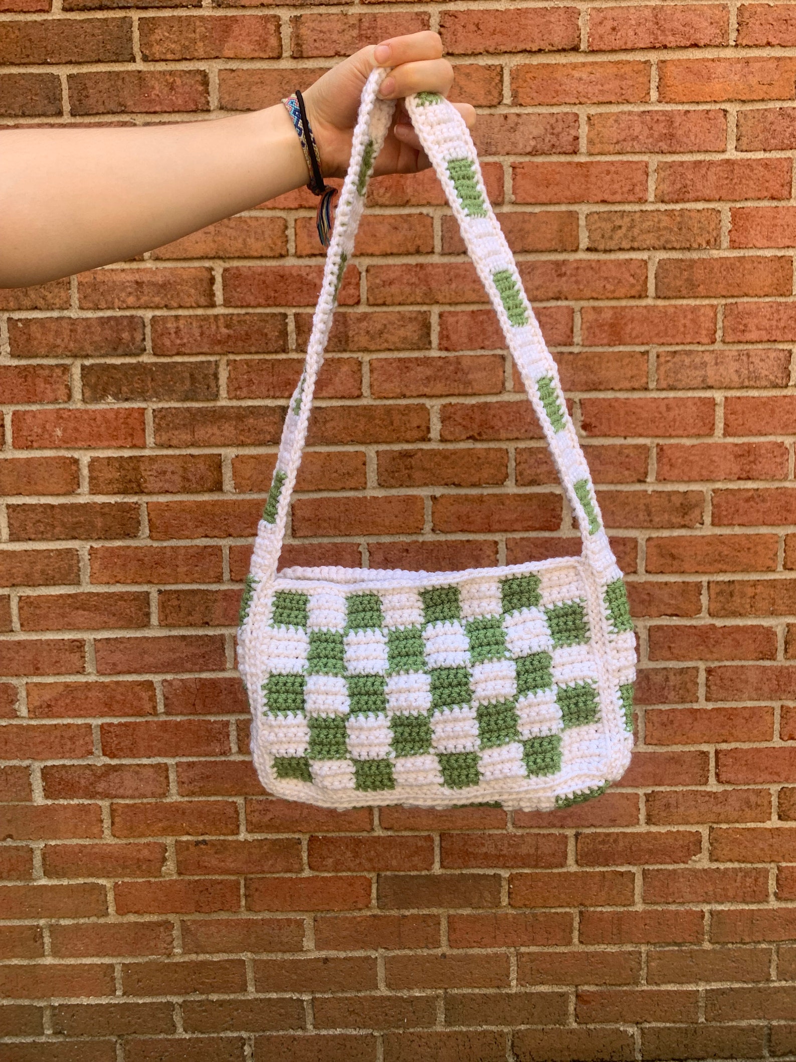 Crochet Checkered Shoulder Bag Green and White Homemade Etsy