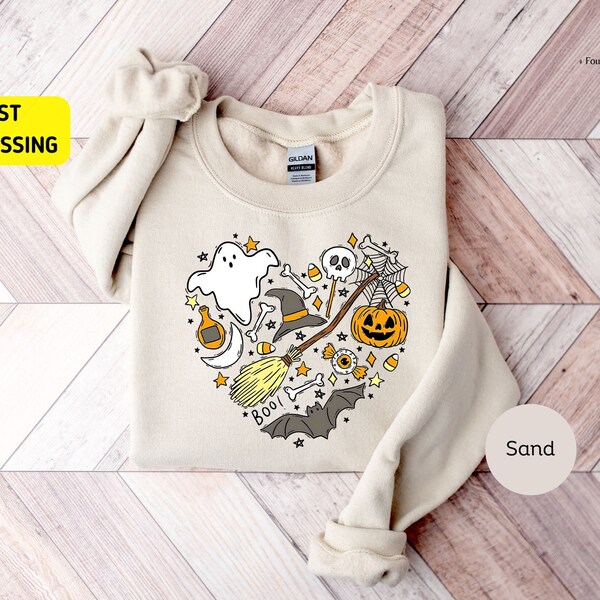 Halloween Doodles Hearth Sweatshirt, Halloween Mom Shirt, Cute Halloween Theme Crewneck, Happy Halloween Heart Shirt, Halloween Witch Tshirt