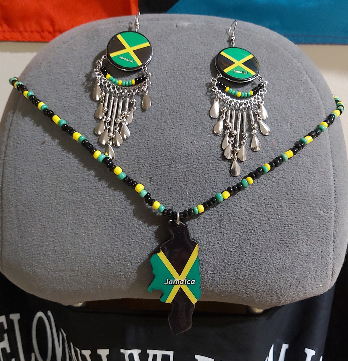 Jamaican beaded necklace and earring/Jamaica handcrafted flag Etsy
