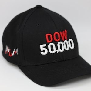 May include: Black baseball cap with the text "DOW 50,000" embroidered in red and white. The cap has a curved brim and a small design on the side.