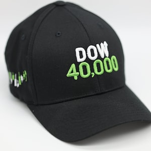 May include: A black baseball cap with white and green embroidery that reads "DOW 40,000".