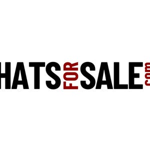 May include: The text "HATS FOR SALE .com" is presented on a white backdrop. The words "HATS" and "SALE" are in black, with "FOR" in red. The .com is also in red, using a bold, sans-serif font.