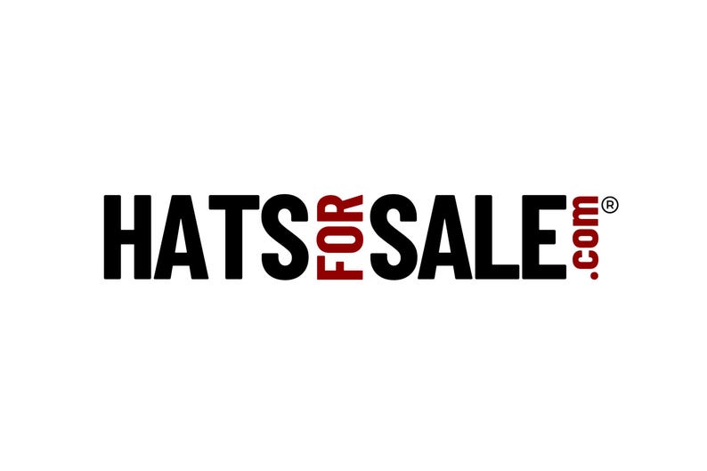May include: The text "HATS FOR SALE .com" is presented on a white backdrop. The words "HATS" and "SALE" are in black, with "FOR" in red. The .com is also in red, using a bold, sans-serif font.