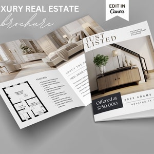 Brochure immobiliare di lusso, volantino immobiliare, marketing immobiliare, brochure piegata, modello Canva, volantino Open House, marketing immobiliare