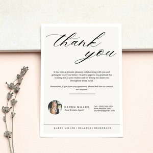 de carte de remerciement immobilier élégante, 5 x 7 pouces | carte postale moderne de remerciement pour agent, Canva modifiable, marketing de contenu pour agent immobilier, Canva