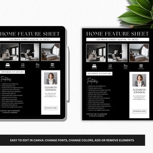 Modern Black Home Feature Sheet Flyer Template, Real Estate Marketing, Real Estate Templates, Just Listed, House Feature Sheet, Home Feature