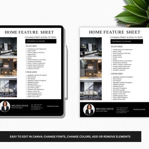 Home Feature Sheet Real Estate, Flyer Template, Real Estate Marketing, For Sale, Open House Flyer, Realtor Listing Flyer, Canva Template