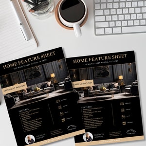 Modern Black Home Feature Sheet, Flyer Template, Real Estate Marketing, For Sale, Open House Flyer, Realtor Listing Flyer, Canva Template