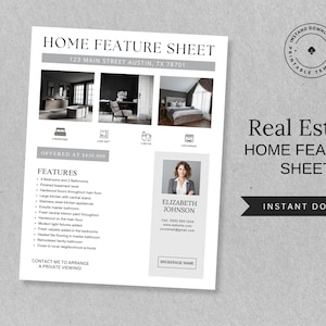 Real Estate Home Feature Sheet | Realtor Flyer Template | Real Estate Marketing | Just Listed | House Feature Sheet | Home Features | Canva