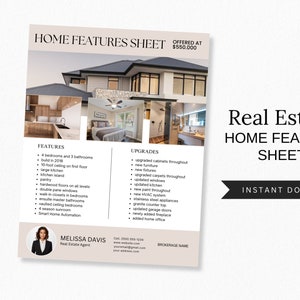 Modern Home Features Sheet | Realtor Flyer Template | Real Estate Marketing | Just Listed | House Feature Sheet | Home Features | Canva