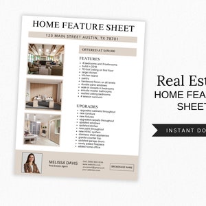 Real Estate Home Feature Sheet, Flyer Template, Real Estate Marketing, For Sale, Open House Flyer, Realtor Listing Flyer, Canva Template