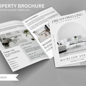 Brochure su proprietà moderne, brochure immobiliare, marketing immobiliare, brochure pieghevole a metà, volantino di inserzione, brochure open house, Canva