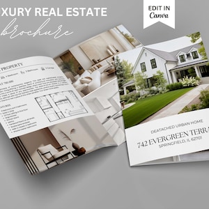 Brochure immobiliare, opuscolo immobiliare di lusso, marketing immobiliare, opuscolo richiudibile a metà, volantino di inserzione, opuscolo open house, Canva