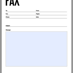 May include: A blank fax form with fields for "To", "Fax", "Phone", "From", "Pages", "Date", "Subject", and "Message".