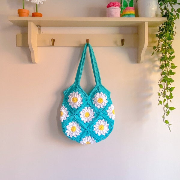 Ditsy Daisy Market Bag Crochet Pattern - US Terms - Summer Tote Bag - Slouchy Shopping Bag - Tutoriel photo - Motif écrit - Sac facile