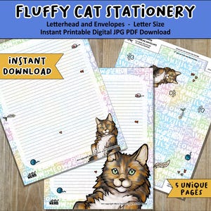 Letter Calico Fluffy Cat Stationery Instant Download Cute pen pal kitty PDF/JPG Letterhead with DIY Printable Envelope Cat journal scrapbook