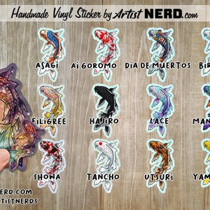 Vinylsticker koivissen in 3 maten: Asagi, Ai Goromo, Hajiro, Showa, Tancho, Utsuri, Yamabuki, verjaardag, suikerschedel, sterrenbeeld