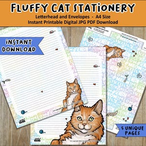 Papelería A4 con diseño de gato esponjoso y naranja, descarga instantánea, lindo gatito amigo por correspondencia, membrete en formato PDF/JPG con sobre imprimible, diario de gato, álbum de recortes
