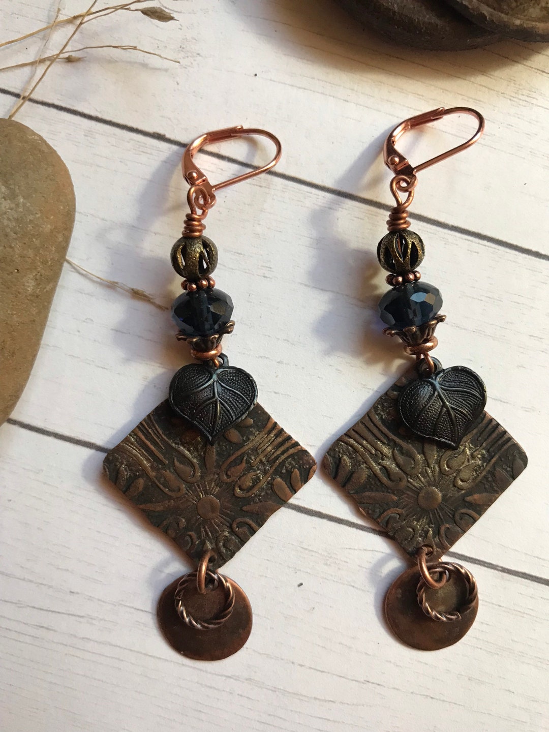 Vintage Copper Patina Dangle Earrings With Montana Blue Bead Etsy
