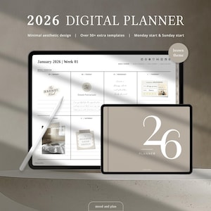 May include: A digital planner for 2026 with a minimalist design. The image shows a tablet displaying a weekly layout and a second tablet with the number 26. The planner includes over 50 extra templates and starts on Monday and Sunday. The theme is brown.