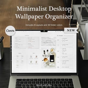 Può includere: Un organizzatore digitale per lo sfondo del desktop visualizzato su uno schermo di un portatile, con il testo Minimalist Desktop Wallpaper Organizer, Includes 8 Layouts and 30 folder colors, Canva e NEW. L'interfaccia include una lista di cose da fare.