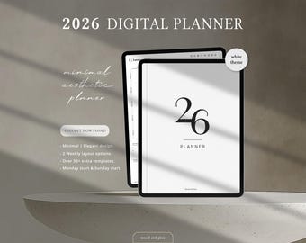 2026 Portrait Digital Planner, 2026 Planner, Goodnotes Planner, Notability Planner, iPad & Tablet, Minimalist Modern Planner, WHITE Theme