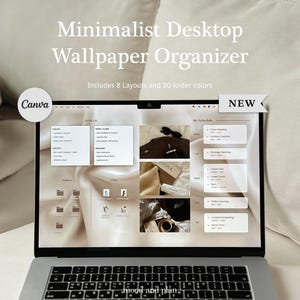 May include: A laptop screen displaying a Minimalist Desktop Wallpaper Organizer with the text Includes 8 Layouts and 30 folder colors. The interface features a To Do List, My Schedule, and folder icons over a soft, neutral-toned fabric background.