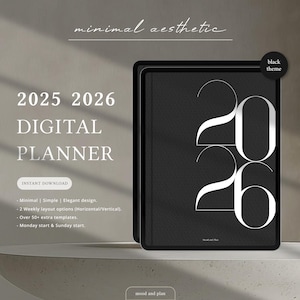 2025 2026 Digital Planner, 2026 Planner, Goodnotes Planner, Notability Planner, iPad & Tablet, Minimalist Modern Planner, PORTRAIT, BLACK