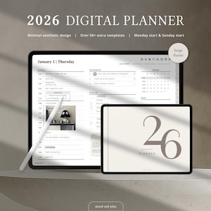 Op de afbeelding: Een digitale planner voor 2026, weergegeven op een tablet met een stylus. Het scherm toont een dagschema en een kalender. Een tweede tablet toont het nummer "26" en het woord "PLANNER". De tekst "2026 DIGITAL PLANNER" staat bovenaan.