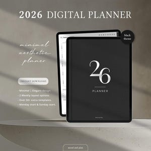 Digital planerare för porträtt 2026, planerare för 2026, Goodnotes-planerare, notabilitetsplanerare, iPad och surfplatta, minimalistisk modern planerare, svart tema