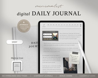 Puede incluir: Un diario digital diario con una portada gris y una pantalla que muestra una página de muestra con un patrón de cuadrícula. La pantalla muestra una entrada manuscrita sobre una película, "The Age of Adaline", y una cita sobre "qué es una lista de reproducción clásica". El diario incluye 365 páginas diarias hipervinculadas, 6 diarios diferentes, portadas adicionales y 5 iconos de acceso directo.