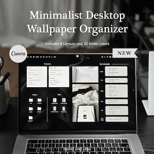 Skrivbordsbakgrundsorganisatör Black Edition | Anpassningsbar Canva-mall | Estetisk skrivbordsorganisatör för MacBook och PC | Att-göra-lista