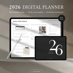 Könnte beinhalten: Ein digitaler Planer für 2026, angezeigt auf einem Tablet. Der Bildschirm zeigt ein Kalenderlayout mit dem Text "Januar 2026 | Woche 01". Der Planer hat ein minimalistisches Design und enthält den Text "2026 DIGITAL PLANNER."