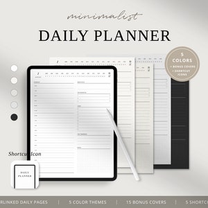 May include: A minimalist daily planner with 365 hyperlinked pages, 5 color themes, 15 bonus covers, and 5 shortcut icons. The planner features a simple design with a grid layout and space for daily tasks, notes, and appointments.