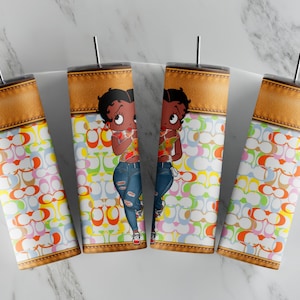 Designer Betty Boop Colorful Design 20oz Tumbler Wrap, Black Betty Boop in Jeans PNG, 20 oz Skinny Tumbler