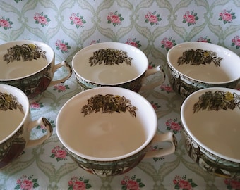 Made in England, Fine set of 6 porcelain coffee cups with Winter Farm scene.