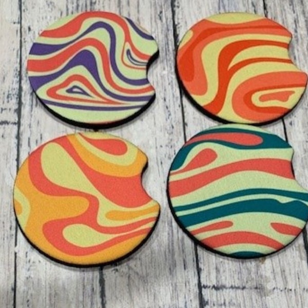 Groovy car coasters, Set of 2 car cup coaster, Retro absorbent Car Coasters, 70's car decor, Interior car decor, Car accessories for women