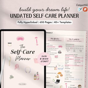 Puede incluir: Un planificador de autocuidado sin fecha con una cubierta rosa que presenta ilustraciones de artículos de autocuidado. El planificador incluye 630 páginas y más de 40 plantillas. El texto en la portada dice "build your dream life!" y "The Self-Care Planner."