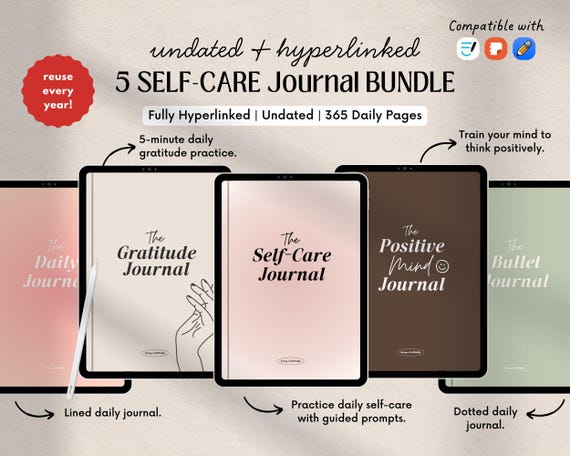 Digital Journal BUNDLE, Gratitude Journal, Self-Care Journal, 365 Day Journal, Undated PDF Digital Planners (Digital Download)