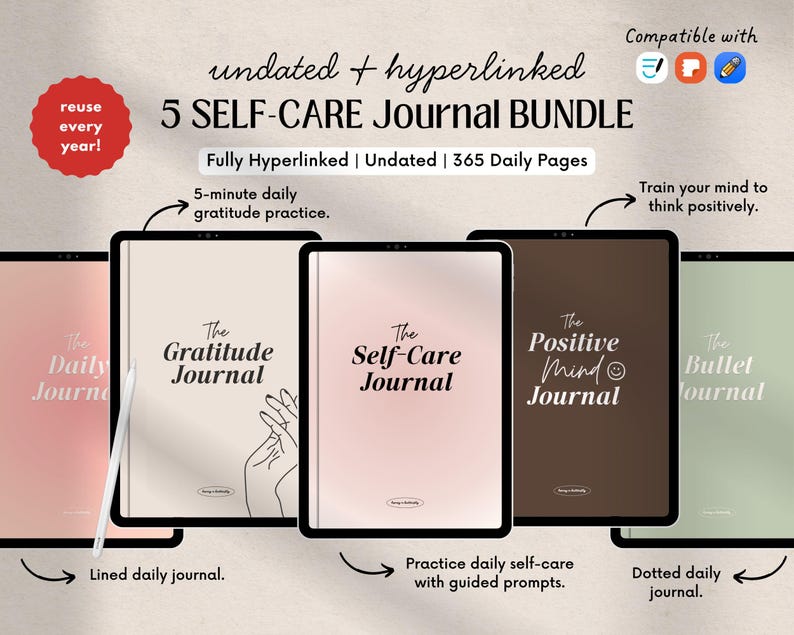 Digital Journal BUNDLE, Gratitude Journal, Self-Care Journal, 365 Day Journal, Undated PDF Digital Planners (Digital Download) image 1