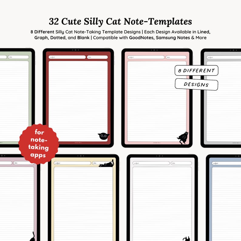 32 simpatici modelli digitali per prendere appunti con i gatti / Righe, a quadretti, a puntini, vuoti / compatibili con GoodNotes, Samsung Notes ecc. (Download digitale) immagine 3