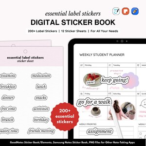 Digital Sticker Book, 200+ Everyday Essential Planner Stickers: GoodNotes, Samsung Notes etc.