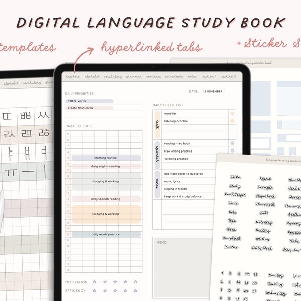 Pianificatore digitale per l'apprendimento delle lingue, quaderno per lo studio delle lingue con collegamento ipertestuale, Goodnotes, Samsung Notes, pianificatore linguistico per iPad, cartella di lavoro del vocabolario